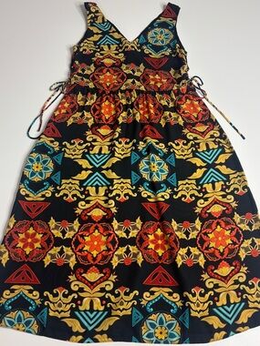 H&M Boho Baroque Print Midi Dress Size 6 Fit Flare Tie Waist